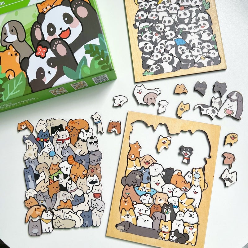 Wooden Children'S Animal Puzzle Puzzle Toy 50 Cats And Dogs Panda Animals Pile Le Cartoon Picture Ornaments - Image 3